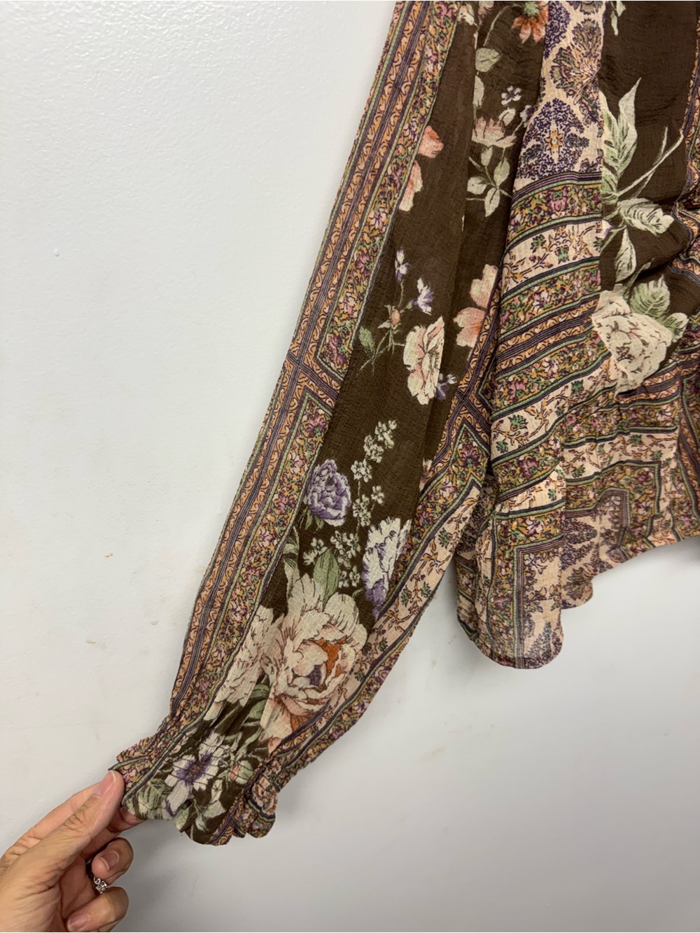 American Eagle XL Boho Floral Tie Front Peplum Blouse Bell Sleeve Cottagecore B6 - Picture 5 of 10